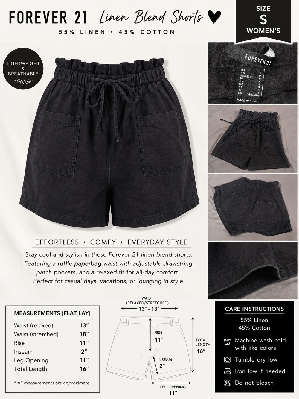 Forever 21 Black Linen-Blend Shorts — Women's Size S